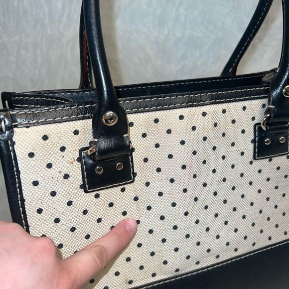Kate spade Polka Dot Wellesley Quinn Black Khaki Canvas Leather Tote - Picture 8 of 16